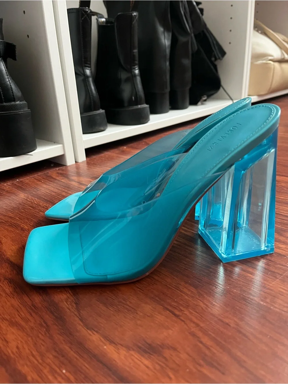 Forever 21 Turquoise Clear Block Heel Mules with Transparent Strap